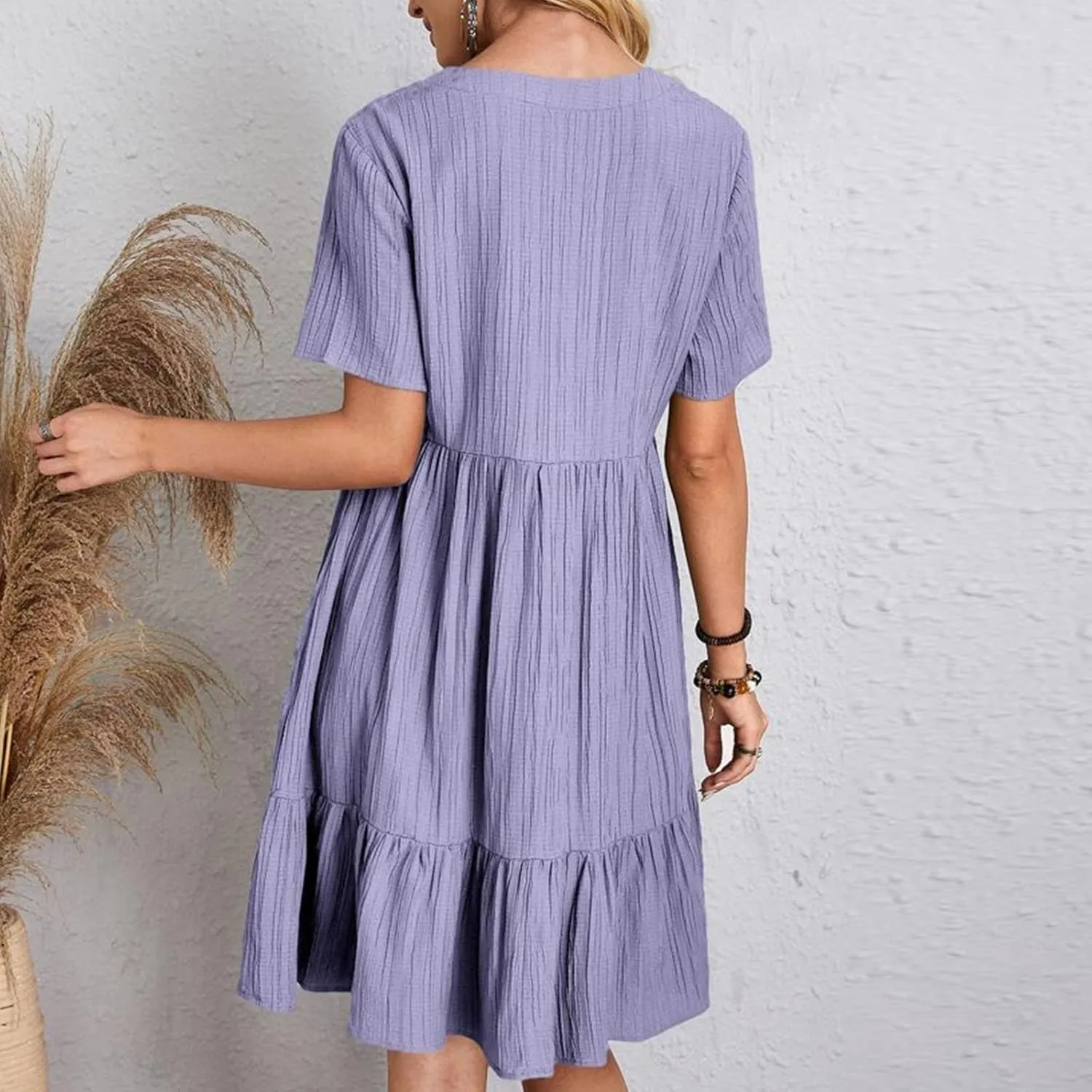 Maxi Dresses for Women 2025 Pleated Tiered A Line Flowy Midi Dress Plus Size Summer Short Sleeve V Neck Casual Dress