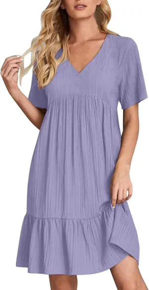 Maxi Dresses for Women 2025 Pleated Tiered A Line Flowy Midi Dress Plus Size Summer Short Sleeve V Neck Casual Dress