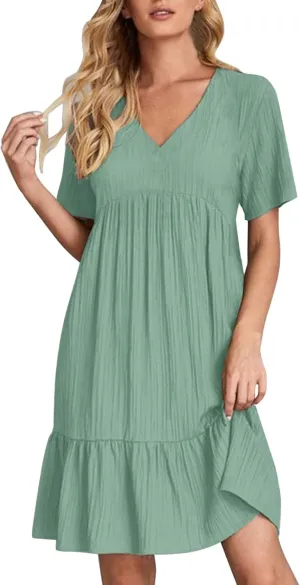 Maxi Dresses for Women 2025 Pleated Tiered A Line Flowy Midi Dress Plus Size Summer Short Sleeve V Neck Casual Dress