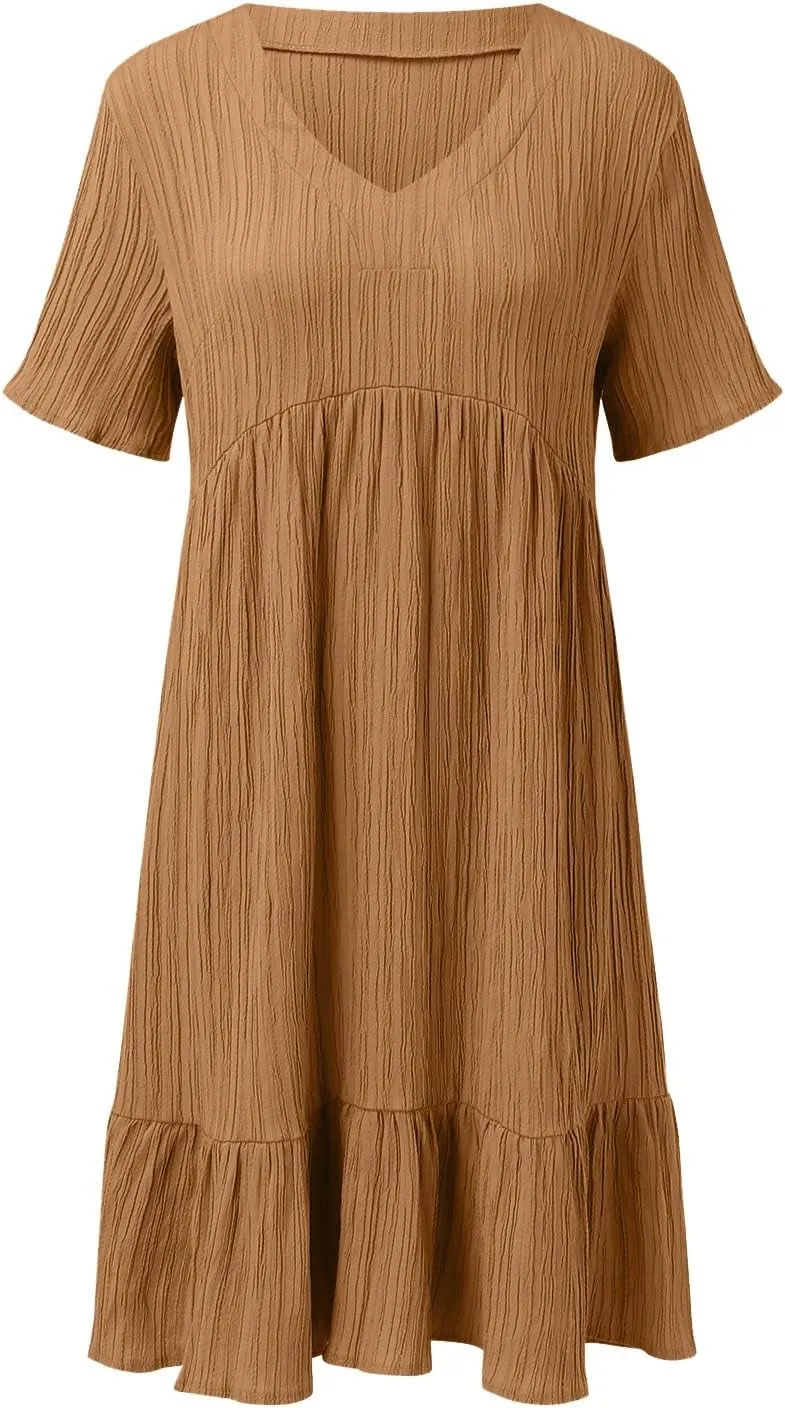 Maxi Dresses for Women 2025 Pleated Tiered A Line Flowy Midi Dress Plus Size Summer Short Sleeve V Neck Casual Dress