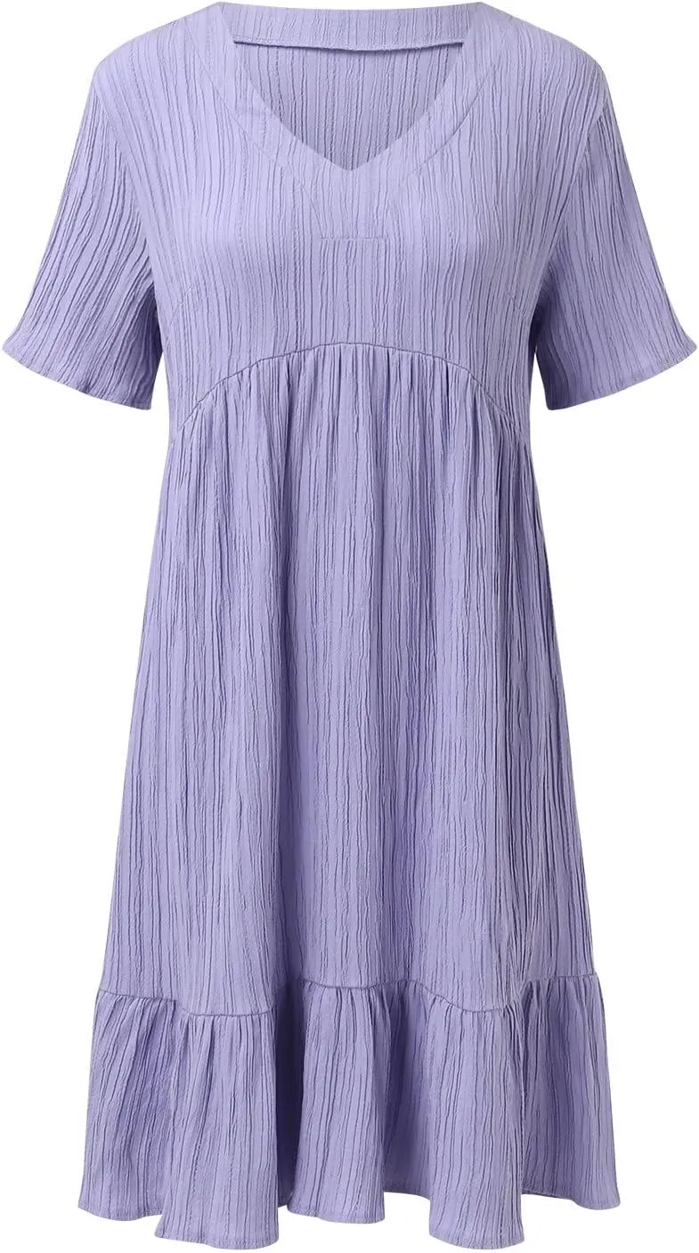 Maxi Dresses for Women 2025 Pleated Tiered A Line Flowy Midi Dress Plus Size Summer Short Sleeve V Neck Casual Dress