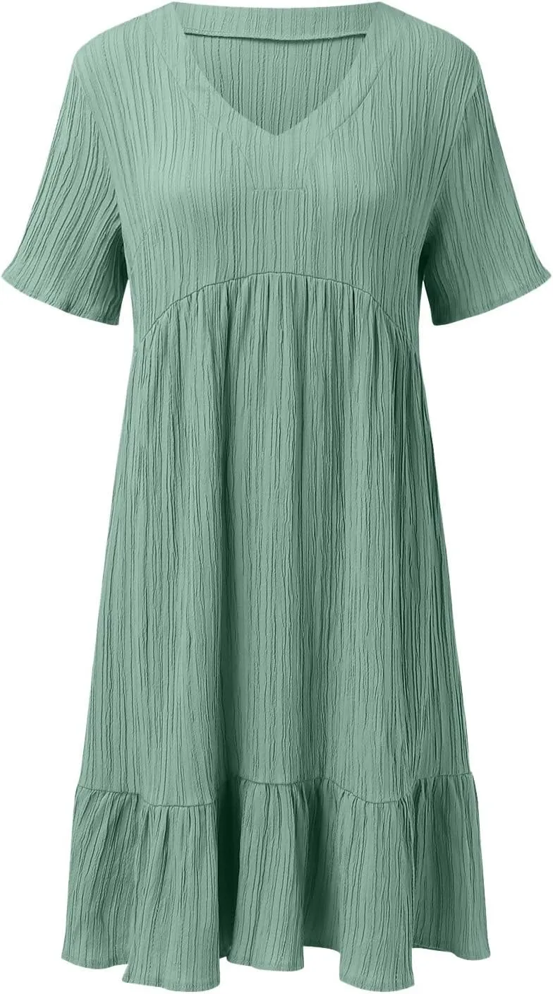 Maxi Dresses for Women 2025 Pleated Tiered A Line Flowy Midi Dress Plus Size Summer Short Sleeve V Neck Casual Dress
