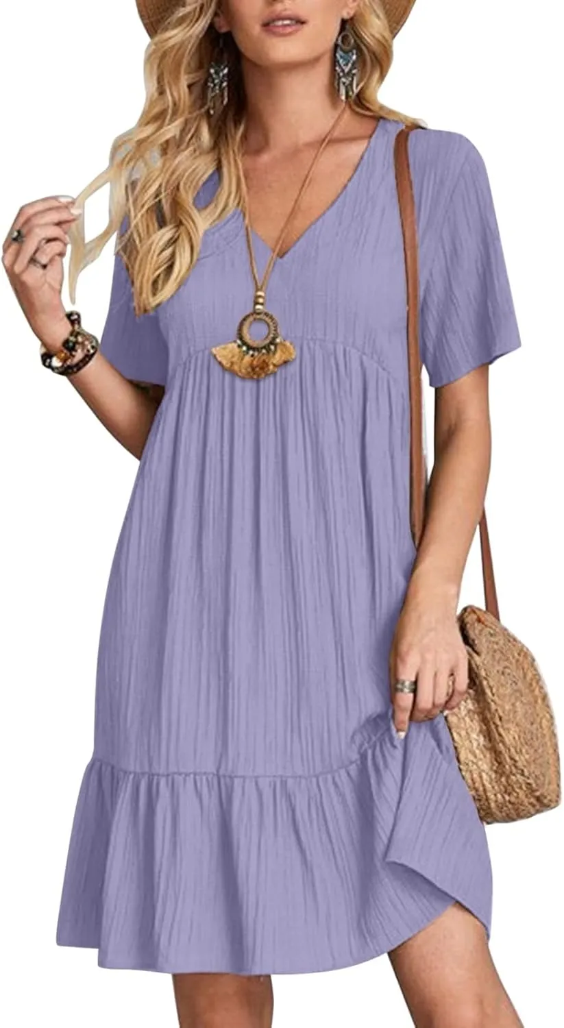 Maxi Dresses for Women 2025 Pleated Tiered A Line Flowy Midi Dress Plus Size Summer Short Sleeve V Neck Casual Dress