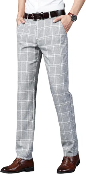 Mens Casual Plaid Pants Fashion Retro Tapered Stretch Pants Slim Fit Business Dress Chino Pants