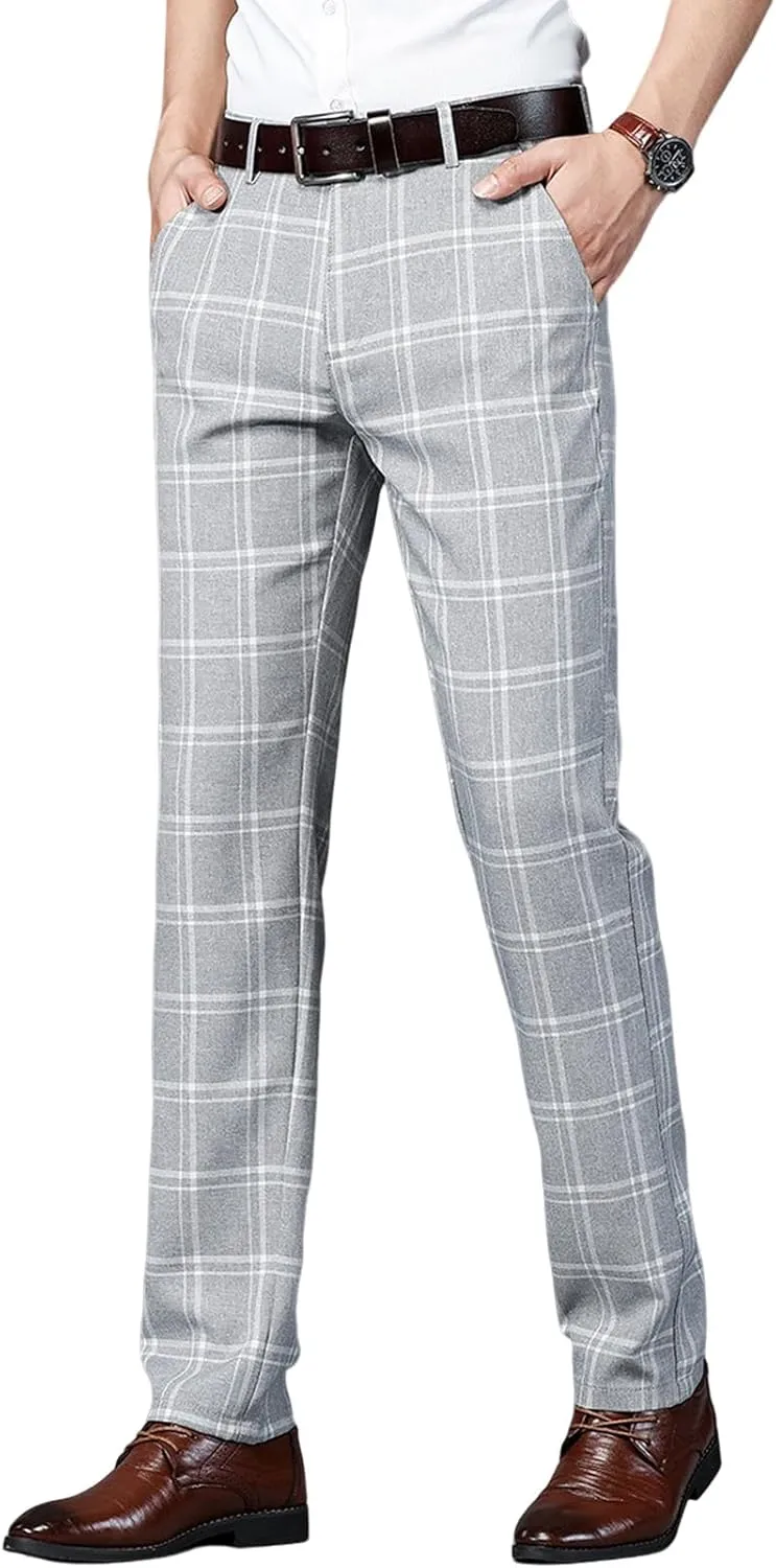 Mens Casual Plaid Pants Fashion Retro Tapered Stretch Pants Slim Fit Business Dress Chino Pants
