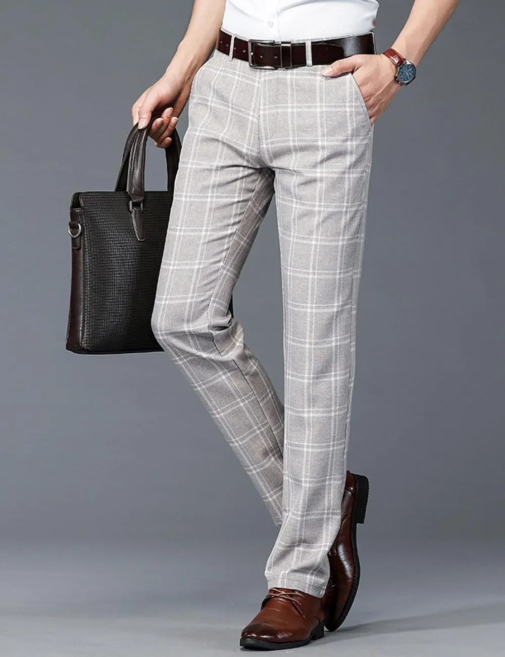 Mens Casual Plaid Pants Fashion Retro Tapered Stretch Pants Slim Fit Business Dress Chino Pants