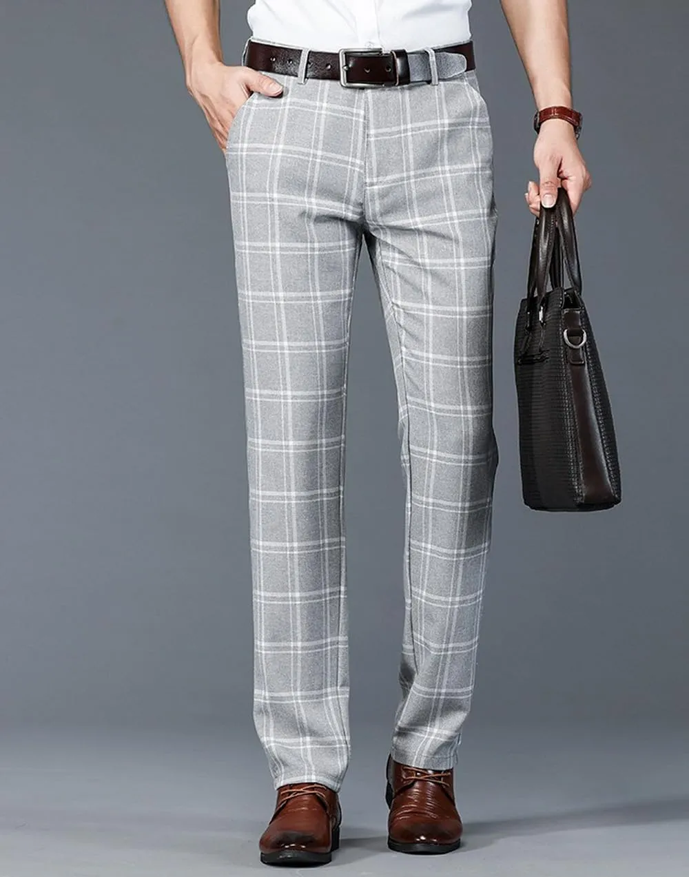 Mens Casual Plaid Pants Fashion Retro Tapered Stretch Pants Slim Fit Business Dress Chino Pants