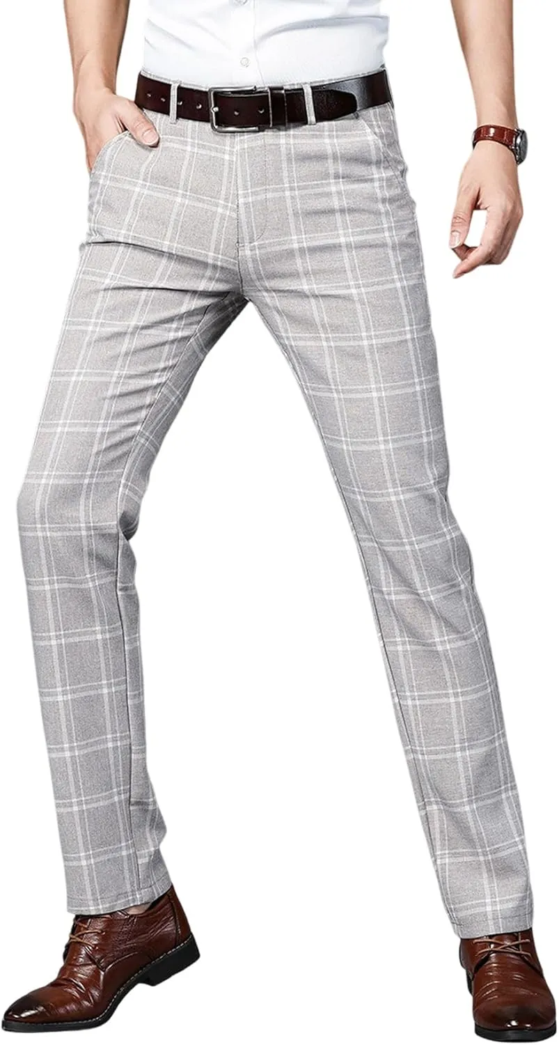 Mens Casual Plaid Pants Fashion Retro Tapered Stretch Pants Slim Fit Business Dress Chino Pants