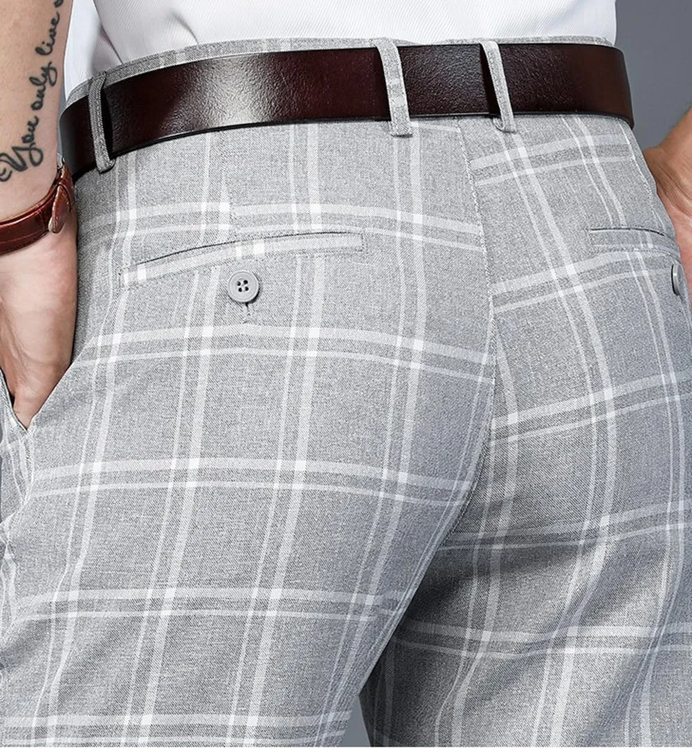 Mens Casual Plaid Pants Fashion Retro Tapered Stretch Pants Slim Fit Business Dress Chino Pants