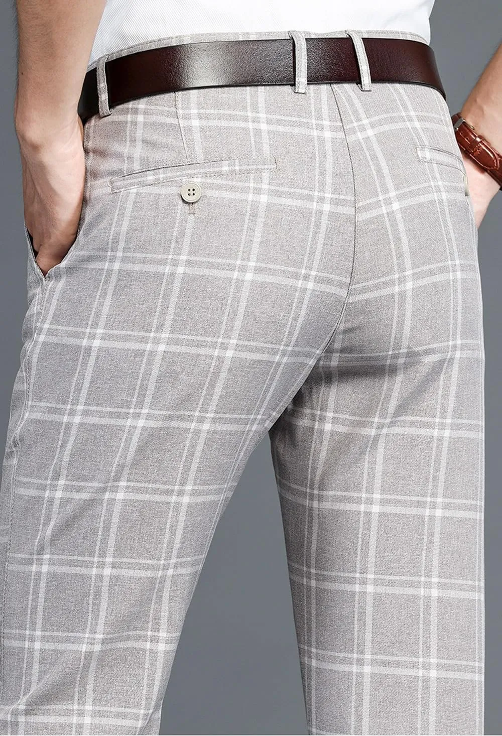 Mens Casual Plaid Pants Fashion Retro Tapered Stretch Pants Slim Fit Business Dress Chino Pants