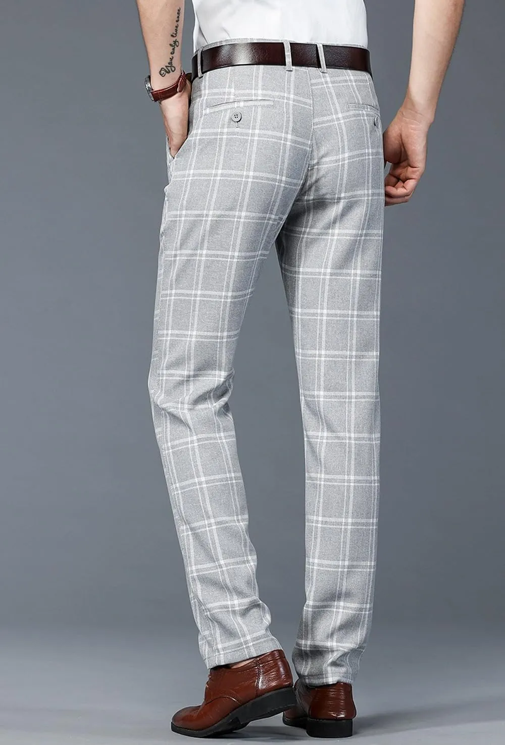 Mens Casual Plaid Pants Fashion Retro Tapered Stretch Pants Slim Fit Business Dress Chino Pants