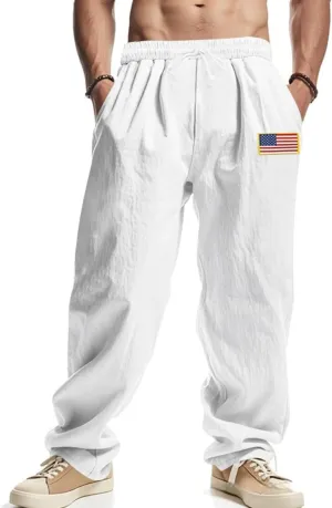Mens Linen Pants Casual Fashion Vintage Loose Fit Wide Legs Trousers Solid Color Drawstring Waisted Pants Pockets