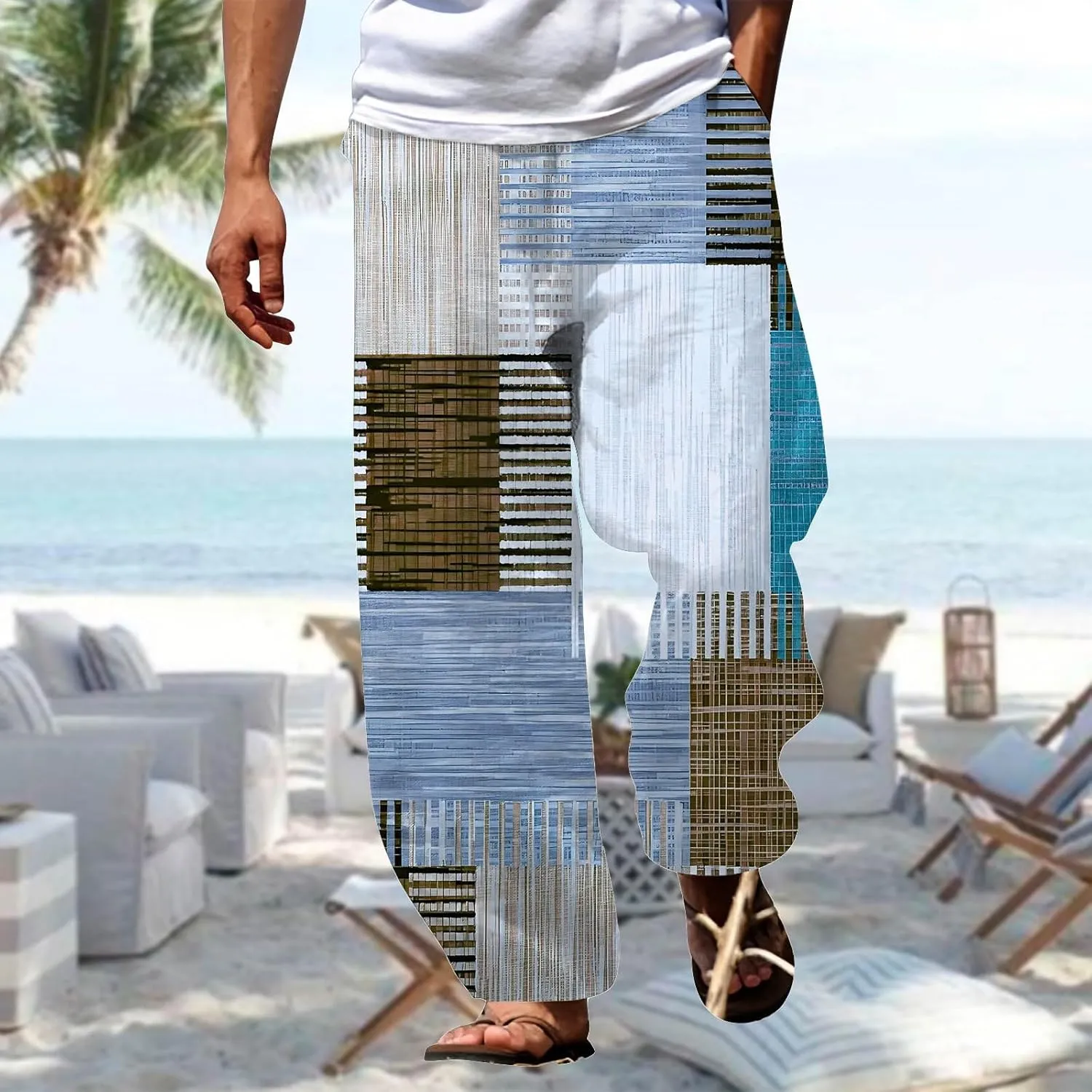 Mens Quick Drying Plus Size Baggy Casual Traveling Pants Color Block Trousers Lightweight Summer Elastic Waist Palazzo 2024