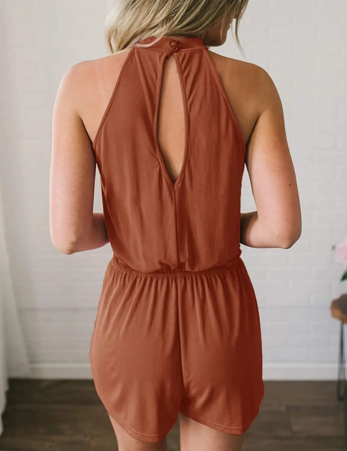 MEROKEETY Women's Summer Halter Neck Elastic Waist Solid Color Shorts Jumpsuit Rompers with Pockets