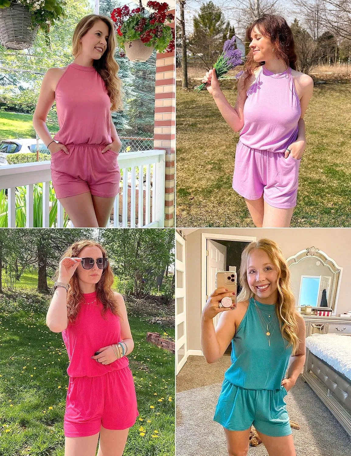 MEROKEETY Women's Summer Halter Neck Elastic Waist Solid Color Shorts Jumpsuit Rompers with Pockets