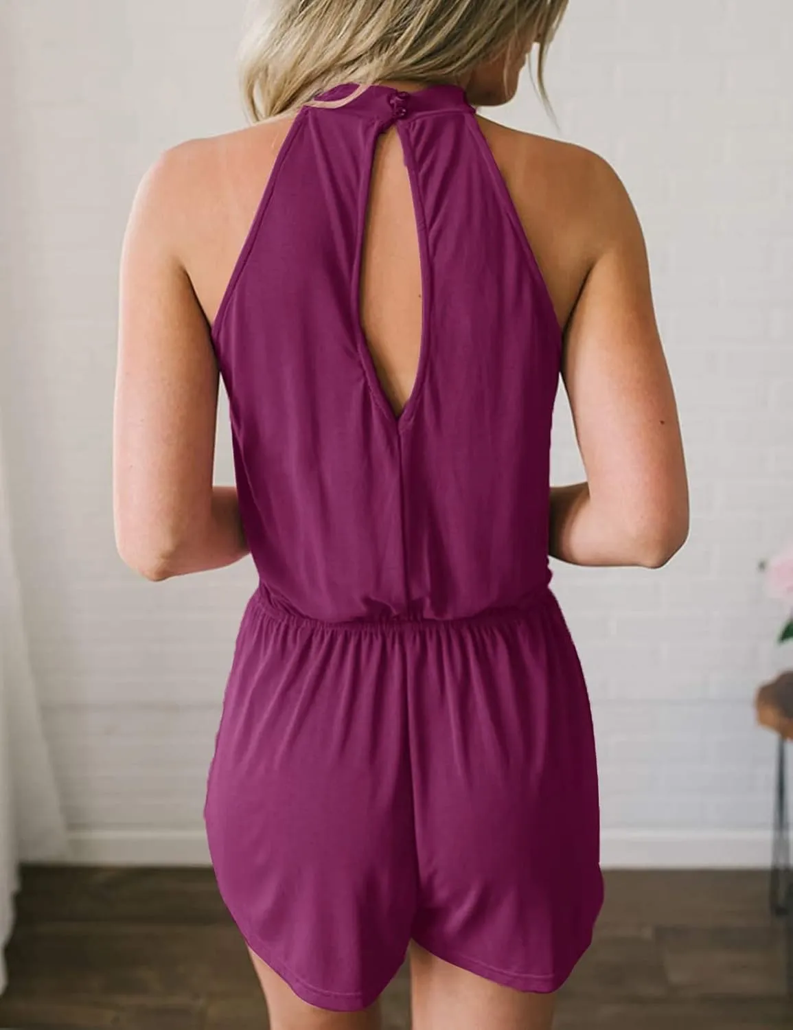 MEROKEETY Women's Summer Halter Neck Elastic Waist Solid Color Shorts Jumpsuit Rompers with Pockets