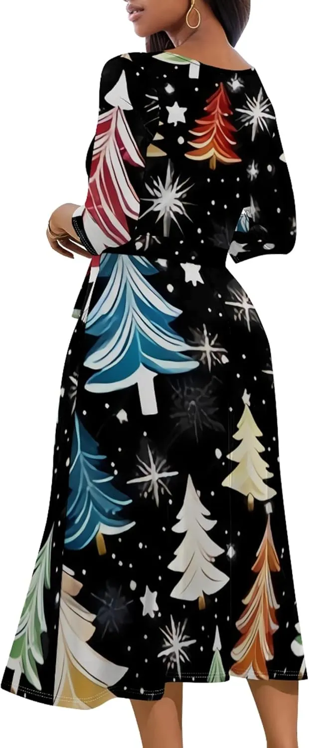 Midi Dresses for Women 3/4 Sleeve V Neck High Waist Casual Flared Wrap Belt Trendy with Pockets A-Line Cocktail Party Dress