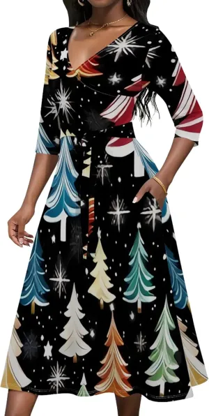 Midi Dresses for Women 3/4 Sleeve V Neck High Waist Casual Flared Wrap Belt Trendy with Pockets A-Line Cocktail Party Dress