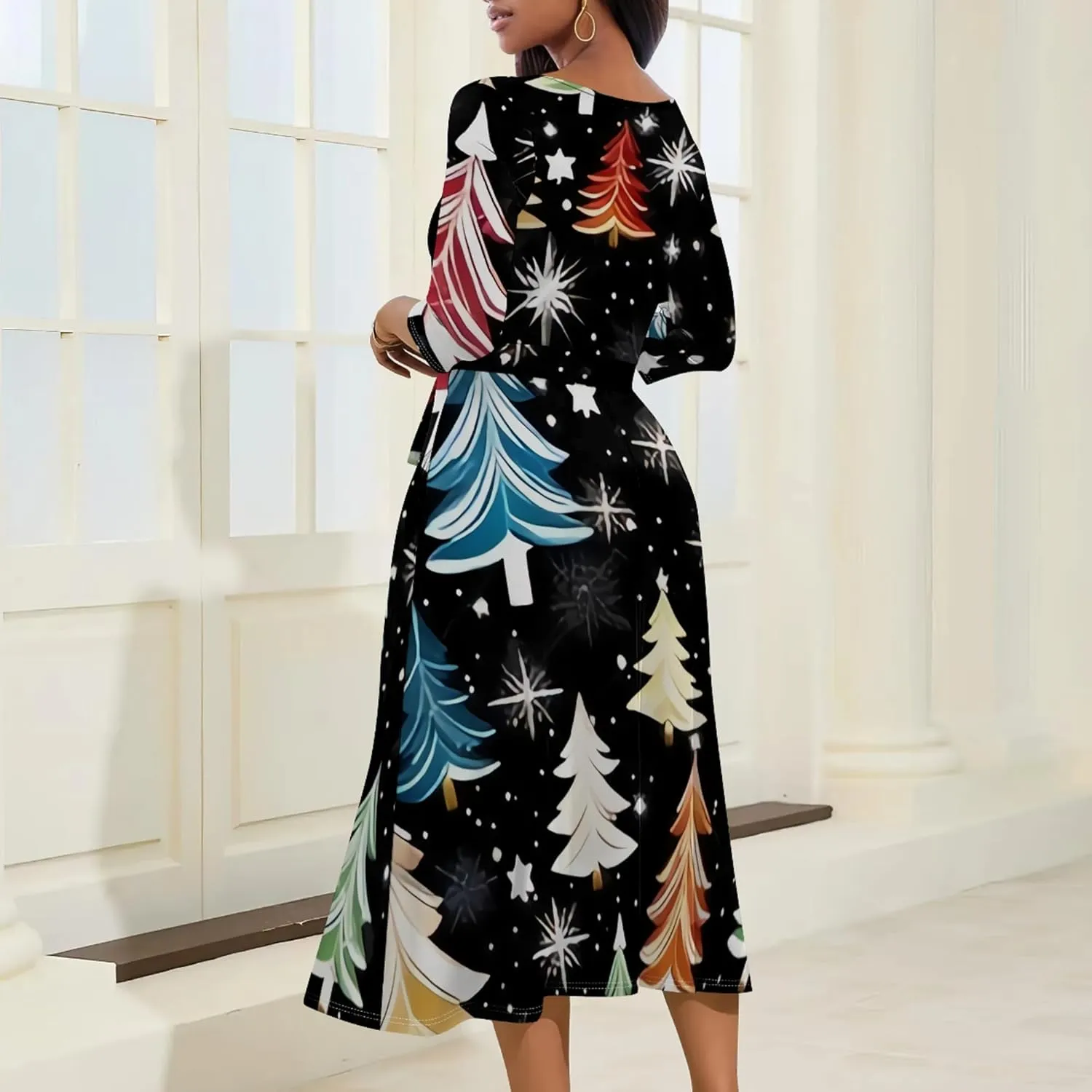 Midi Dresses for Women 3/4 Sleeve V Neck High Waist Casual Flared Wrap Belt Trendy with Pockets A-Line Cocktail Party Dress
