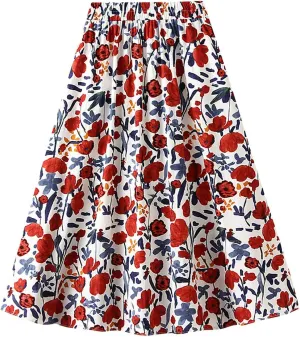 Midi Skirts for Women Floral Printed Midi Skirt High Waisted A Line Skirt Elastic Waist Skirt Pleated Skirts Midi
