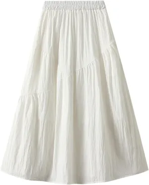 Midi Skirts for Women High Waist Elastic Pleated Casual Long Skirt 2024 Summer Solid Color Loose Flowy A-line Skirts