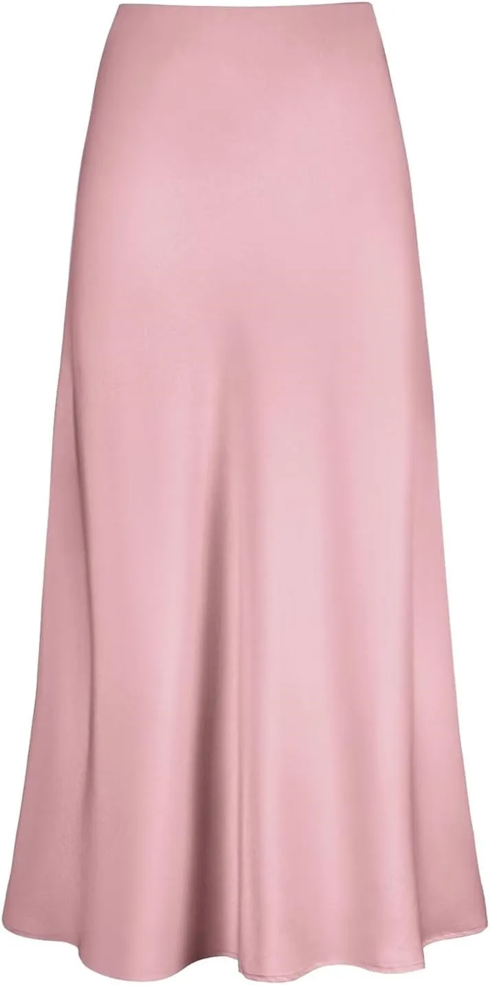 Midi Skirts for Women High Waist Soft Silk Satin Back Zipper Summer Casual Midi Length Flowy Pleated Elastic Skirt