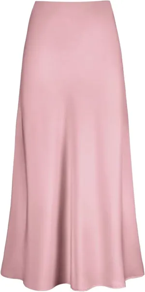 Midi Skirts for Women High Waist Soft Silk Satin Back Zipper Summer Casual Midi Length Flowy Pleated Elastic Skirt