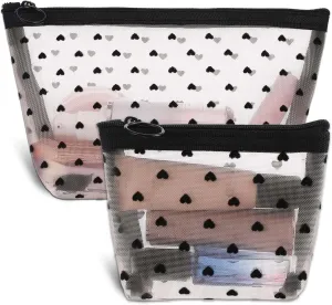 Mini Cosmetic Bags, 2Pcs Heart Print Mini Zipper Mesh Bags, Lipstick Cosmetic Accessories Organizer, Mini Mesh Makeup Bag, Mini Zipper Mesh Cosmetic Bag for Women, Small Makeup Bag for Purse, 2 Sizes