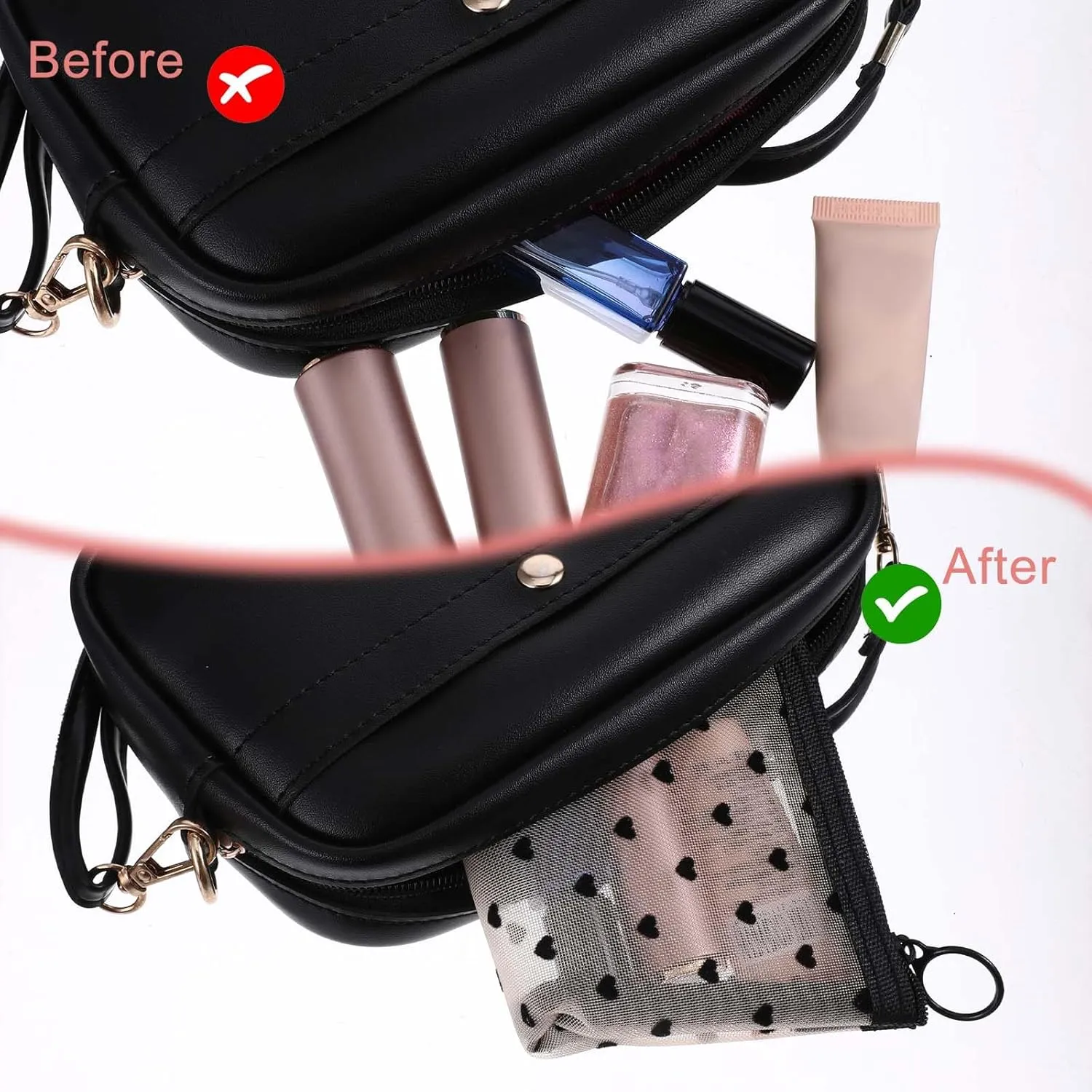Mini Cosmetic Bags, 2Pcs Heart Print Mini Zipper Mesh Bags, Lipstick Cosmetic Accessories Organizer, Mini Mesh Makeup Bag, Mini Zipper Mesh Cosmetic Bag for Women, Small Makeup Bag for Purse, 2 Sizes