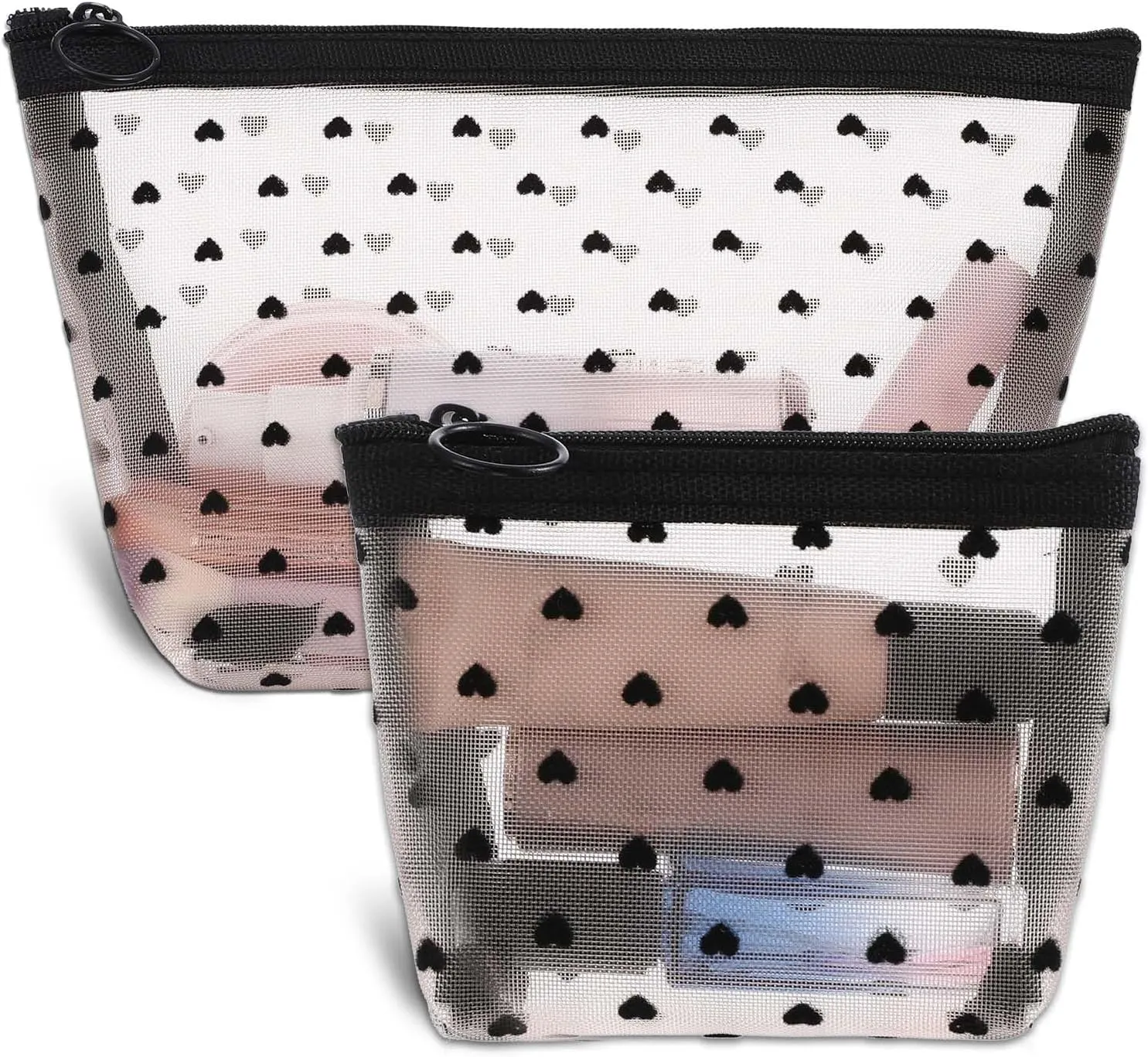 Mini Cosmetic Bags, 2Pcs Heart Print Mini Zipper Mesh Bags, Lipstick Cosmetic Accessories Organizer, Mini Mesh Makeup Bag, Mini Zipper Mesh Cosmetic Bag for Women, Small Makeup Bag for Purse, 2 Sizes