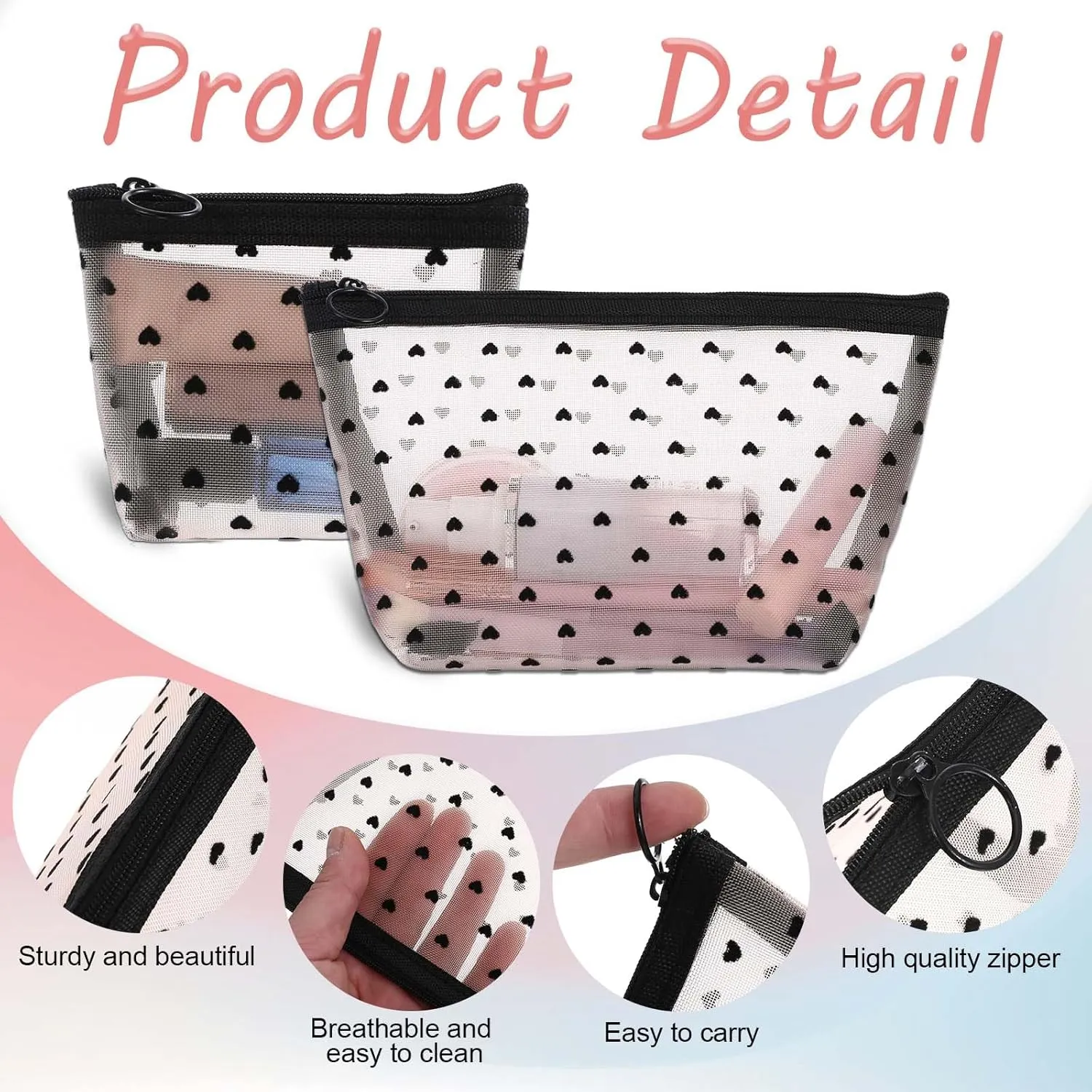 Mini Cosmetic Bags, 2Pcs Heart Print Mini Zipper Mesh Bags, Lipstick Cosmetic Accessories Organizer, Mini Mesh Makeup Bag, Mini Zipper Mesh Cosmetic Bag for Women, Small Makeup Bag for Purse, 2 Sizes