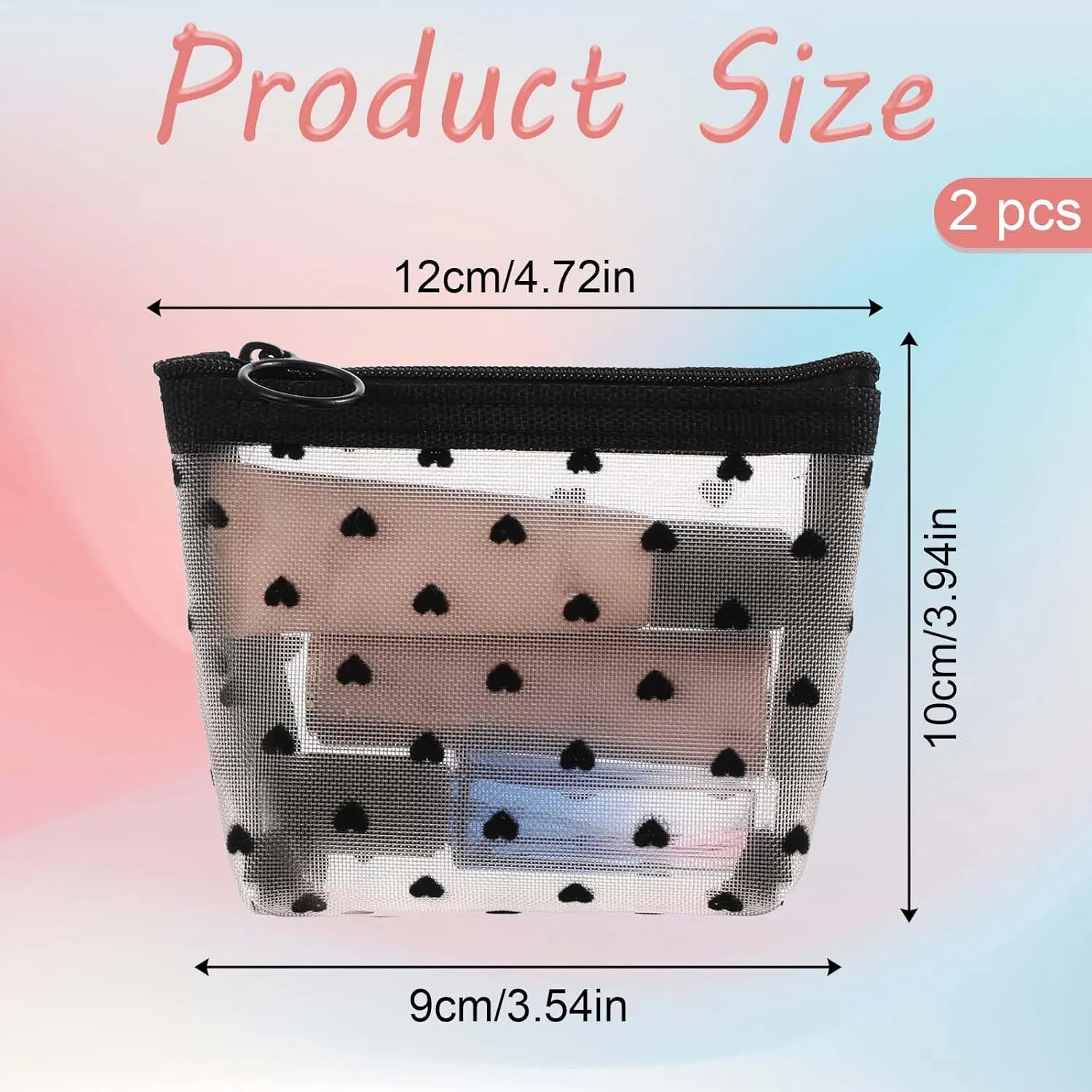 Mini Cosmetic Bags, 2Pcs Heart Print Mini Zipper Mesh Bags, Lipstick Cosmetic Accessories Organizer, Mini Mesh Makeup Bag, Mini Zipper Mesh Cosmetic Bag for Women, Small Makeup Bag for Purse, 2 Sizes