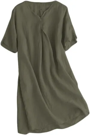 Minibee Women's Summer T Shirt Dress V Neck Linen Casual Tunic Short Sleeve Boho Flowy Sun Dresses