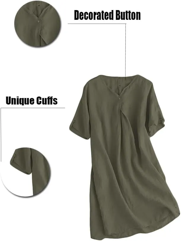 Minibee Women's Summer T Shirt Dress V Neck Linen Casual Tunic Short Sleeve Boho Flowy Sun Dresses