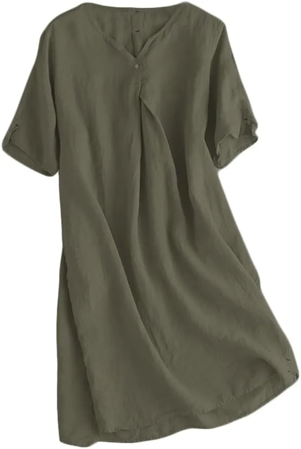 Minibee Women's Summer T Shirt Dress V Neck Linen Casual Tunic Short Sleeve Boho Flowy Sun Dresses