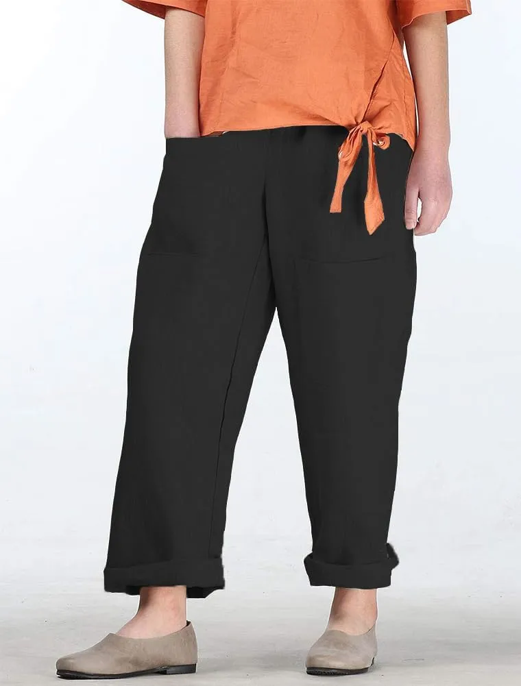 Minibee Women's Wide Leg Harem Pants Cotton Linen Striped Casual Palazzo Pants with Pockets