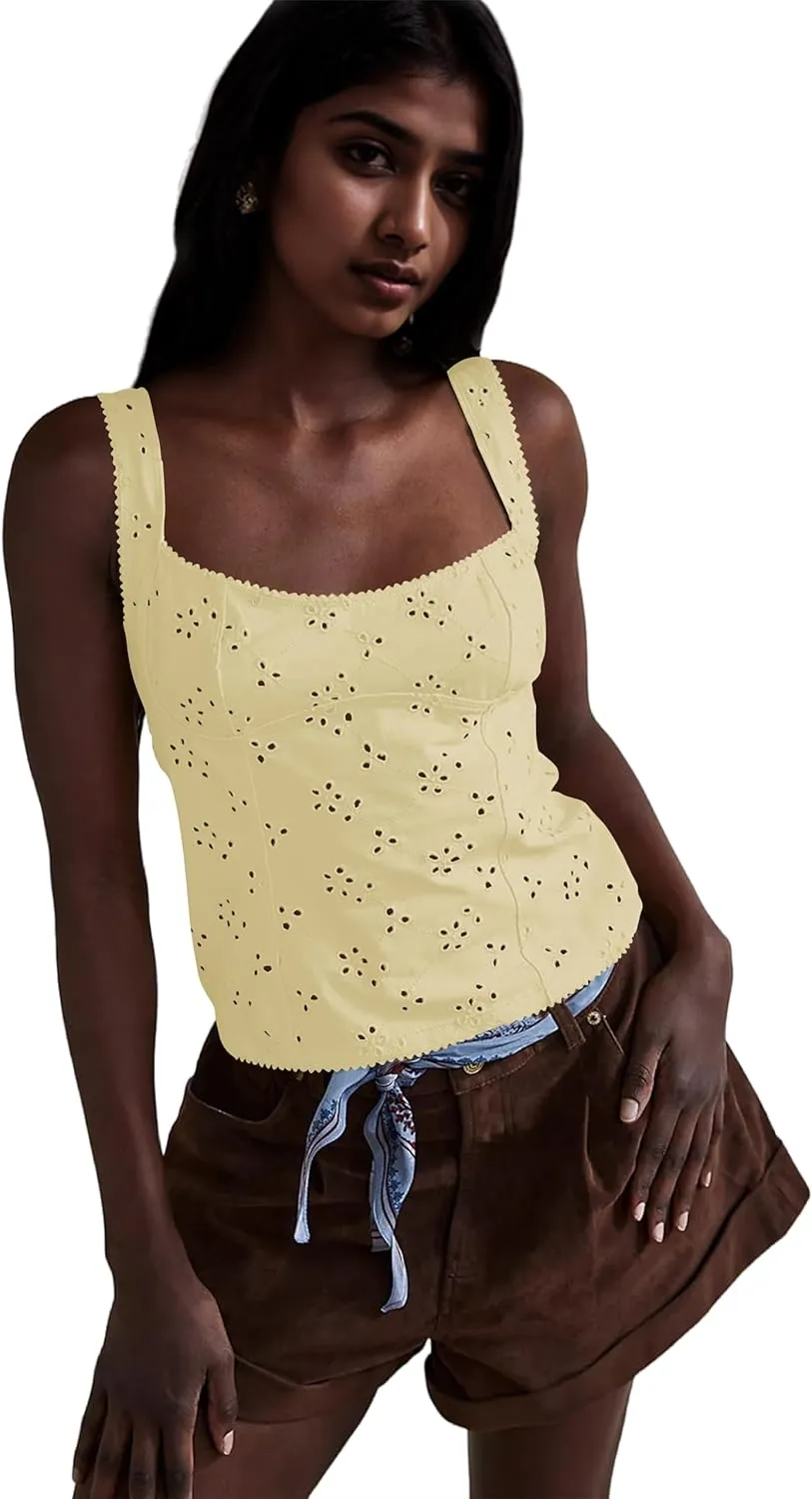 MISSACTIVER Women Summer Eyelet Embroidered Tank Tops Casual Sleeveless Square Neck Wide Straps Slim Fit Cami Crop Tops