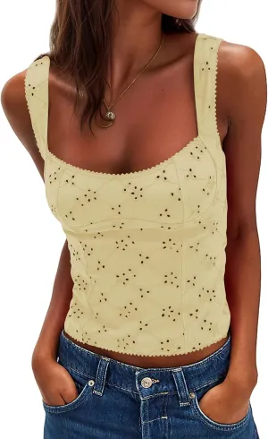 MISSACTIVER Women Summer Eyelet Embroidered Tank Tops Casual Sleeveless Square Neck Wide Straps Slim Fit Cami Crop Tops