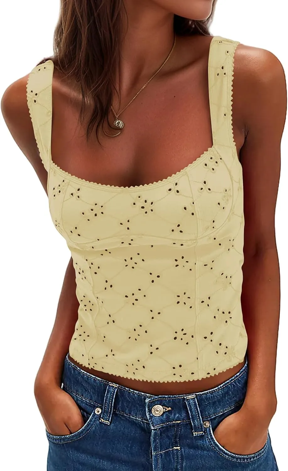 MISSACTIVER Women Summer Eyelet Embroidered Tank Tops Casual Sleeveless Square Neck Wide Straps Slim Fit Cami Crop Tops