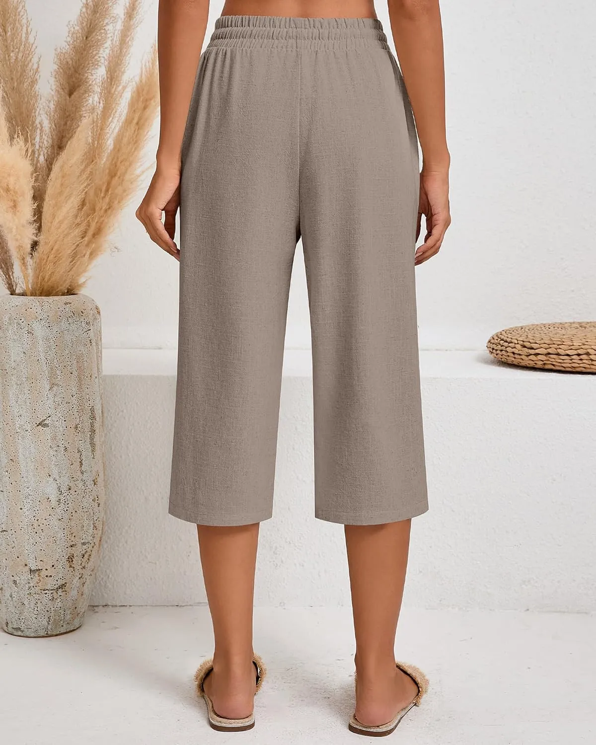 Neer 2 Pack Women's Linen Capri Pants Basics Wide Leg Casual Loose Drawstring Elasticated Beach Capris Pant with Pocket