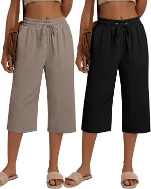 Neer 2 Pack Women's Linen Capri Pants Basics Wide Leg Casual Loose Drawstring Elasticated Beach Capris Pant with Pocket