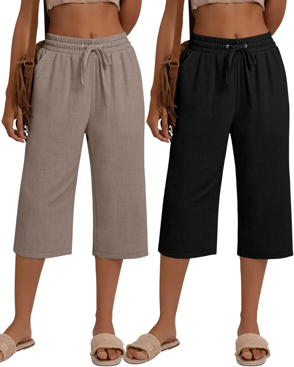 Neer 2 Pack Women's Linen Capri Pants Basics Wide Leg Casual Loose Drawstring Elasticated Beach Capris Pant with Pocket
