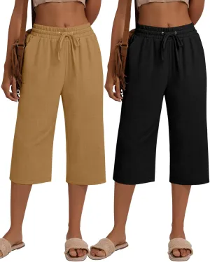 Neer 2 Pack Women's Linen Capri Pants Basics Wide Leg Casual Loose Drawstring Elasticated Beach Capris Pant with Pocket