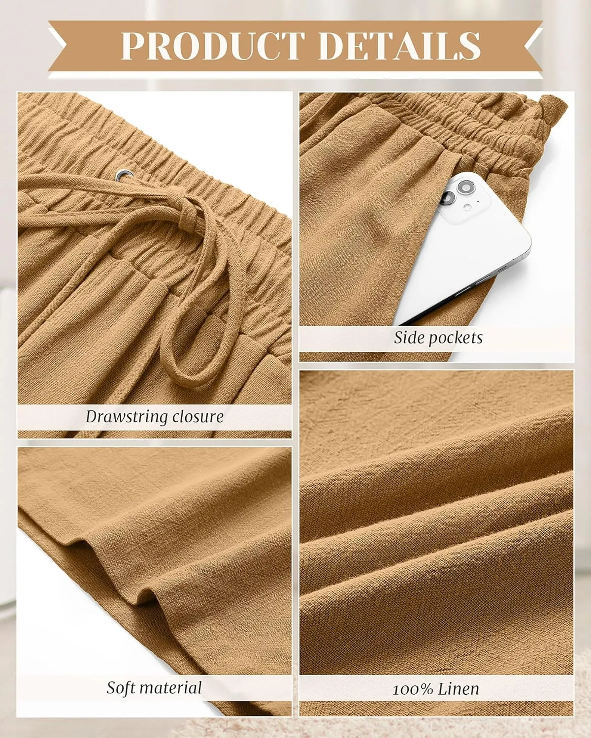 Neer 2 Pack Women's Linen Capri Pants Basics Wide Leg Casual Loose Drawstring Elasticated Beach Capris Pant with Pocket