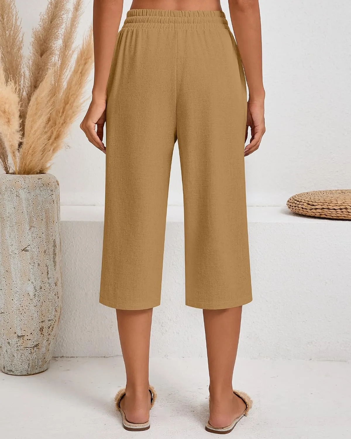 Neer 2 Pack Women's Linen Capri Pants Basics Wide Leg Casual Loose Drawstring Elasticated Beach Capris Pant with Pocket