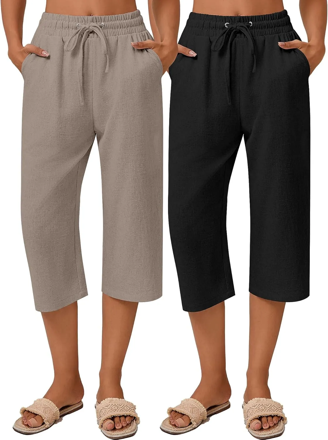 Neer 2 Pack Women's Linen Capri Pants Basics Wide Leg Casual Loose Drawstring Elasticated Beach Capris Pant with Pocket
