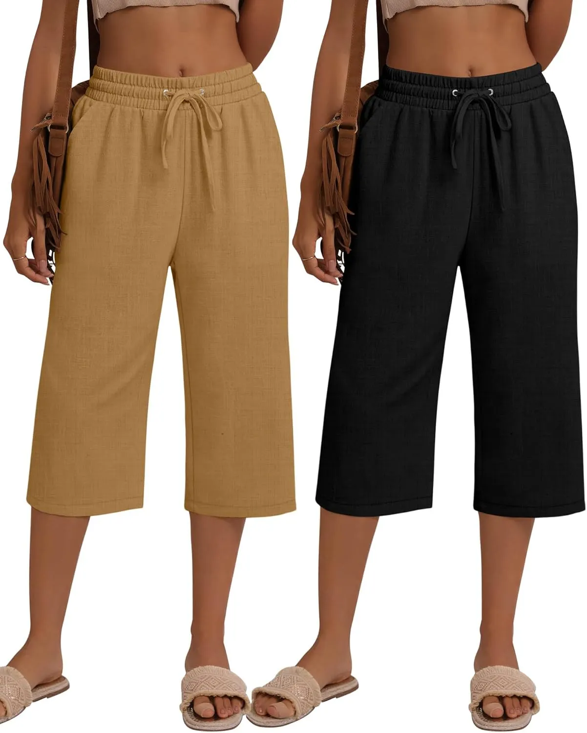 Neer 2 Pack Women's Linen Capri Pants Basics Wide Leg Casual Loose Drawstring Elasticated Beach Capris Pant with Pocket