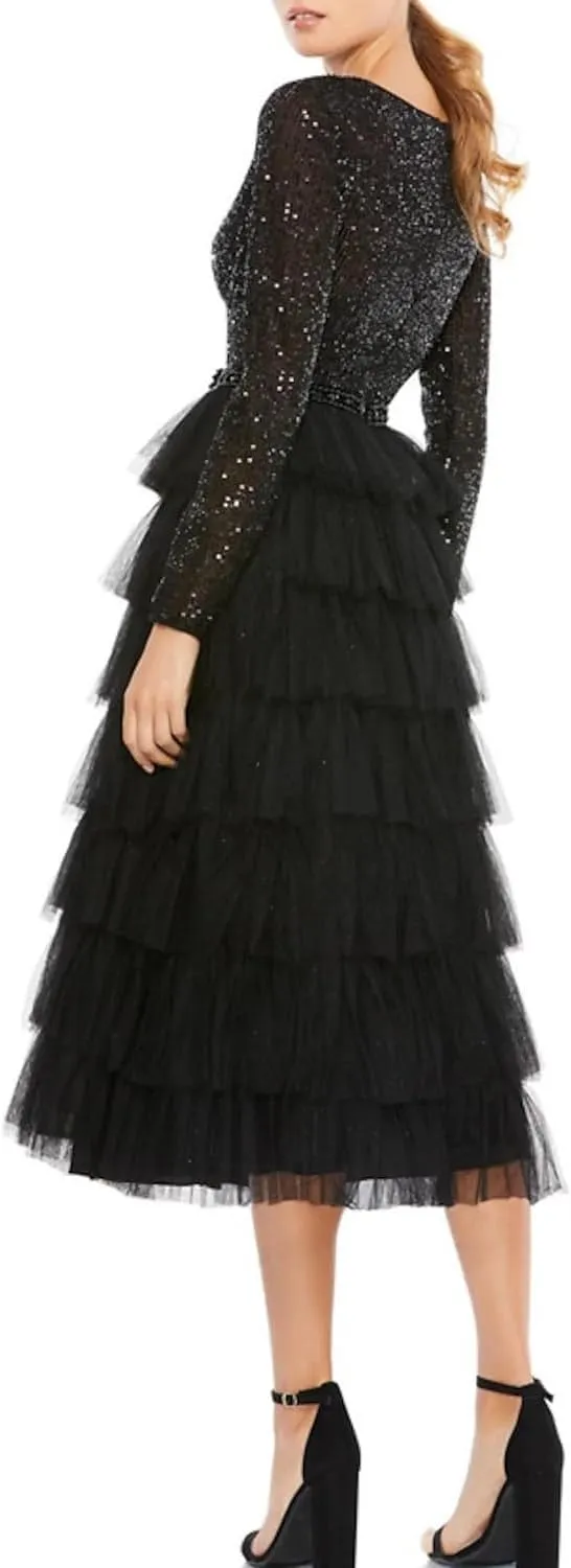 Noufany Sequins A-Line Cocktail Party Dresses Beaded Tea Length Long Sleeve Scoop Neck Formal Evening Gowns NS004