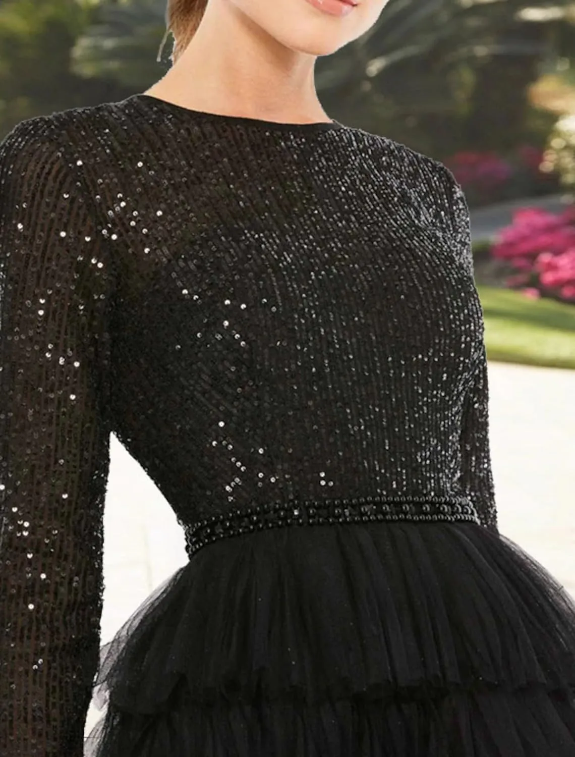 Noufany Sequins A-Line Cocktail Party Dresses Beaded Tea Length Long Sleeve Scoop Neck Formal Evening Gowns NS004