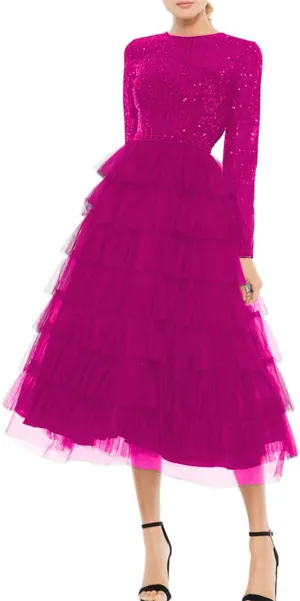 Noufany Sequins A-Line Cocktail Party Dresses Beaded Tea Length Long Sleeve Scoop Neck Formal Evening Gowns NS004
